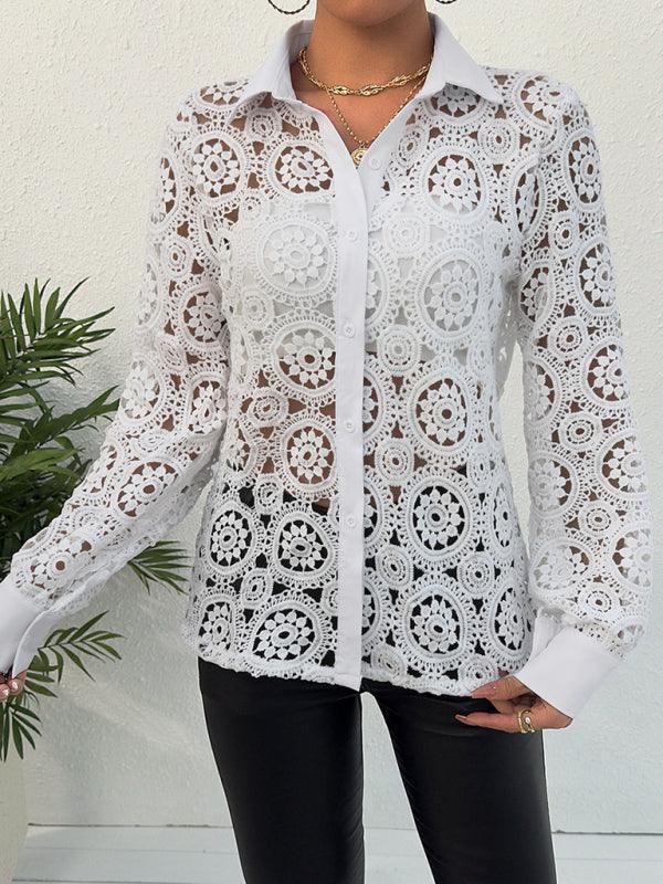 Women's Long Sleeve Lace V Neck Shirt - 808Lush