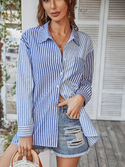 Women's Long Sleeve Lapel Single Breasted Striped Top - 808Lush