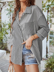 Women's Long Sleeve Lapel Single Breasted Striped Top - 808Lush