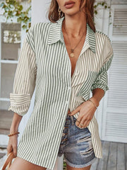 Women's Long Sleeve Lapel Single Breasted Striped Top - 808Lush