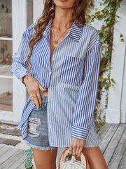 Women's Long Sleeve Lapel Single Breasted Striped Top - 808Lush