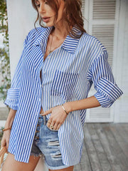 Women's Long Sleeve Lapel Single Breasted Striped Top - 808Lush