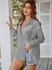 Women's Long Sleeve Lapel Single Breasted Striped Top - 808Lush