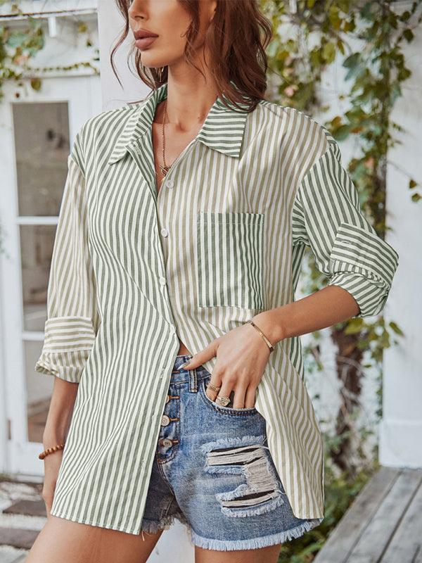 Women's Long Sleeve Lapel Single Breasted Striped Top - 808Lush