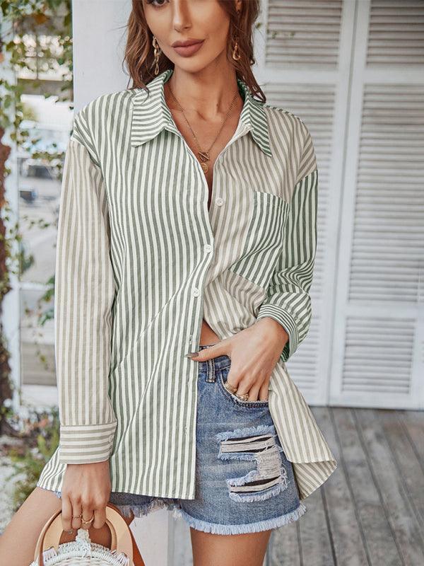 Women's Long Sleeve Lapel Single Breasted Striped Top - 808Lush