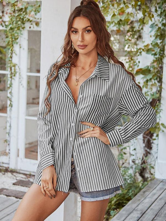 Women's Long Sleeve Lapel Single Breasted Striped Top - 808Lush