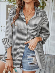 Women's Long Sleeve Lapel Single Breasted Striped Top - 808Lush