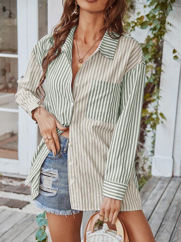 Women's Long Sleeve Lapel Single Breasted Striped Top - 808Lush