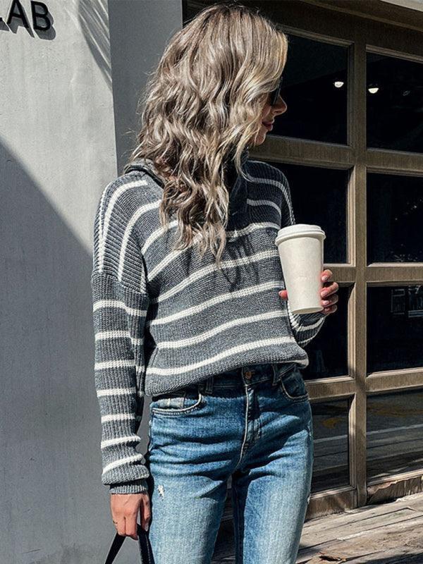 Women's Long Sleeve Lapel Striped Sweater - 808Lush