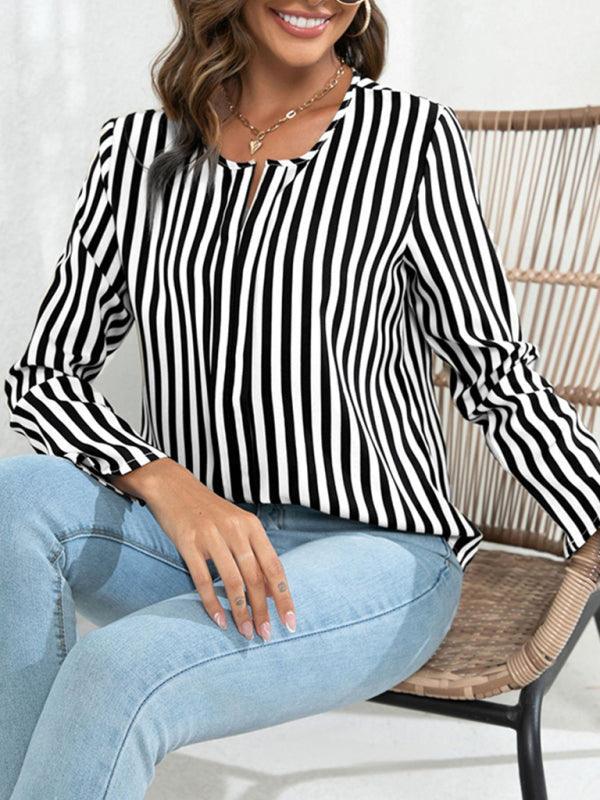 Women's Long Sleeve Round Neck Striped Print Top blouse - 808Lush