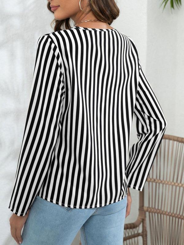 Women's Long Sleeve Round Neck Striped Print Top blouse - 808Lush