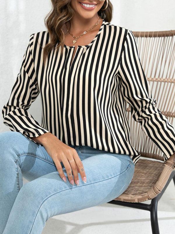 Women's Long Sleeve Round Neck Striped Print Top blouse - 808Lush