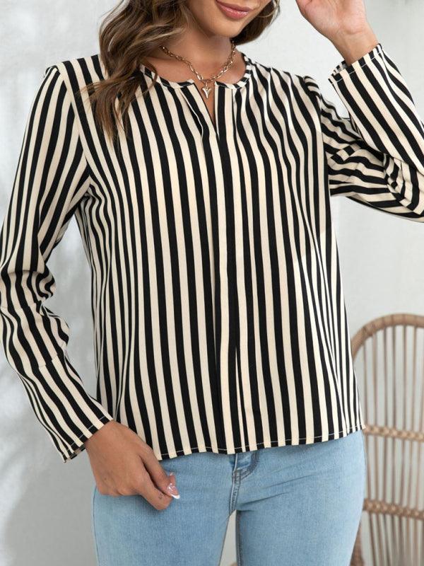 Women's Long Sleeve Round Neck Striped Print Top blouse - 808Lush