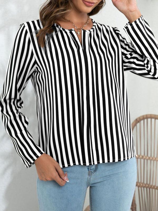 Women's Long Sleeve Round Neck Striped Print Top blouse - 808Lush