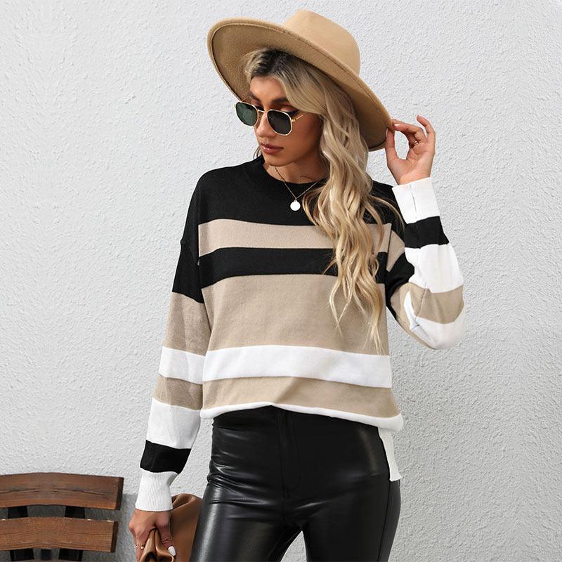 Women's Long Sleeve Striped Sweater Mid Length - 808Lush