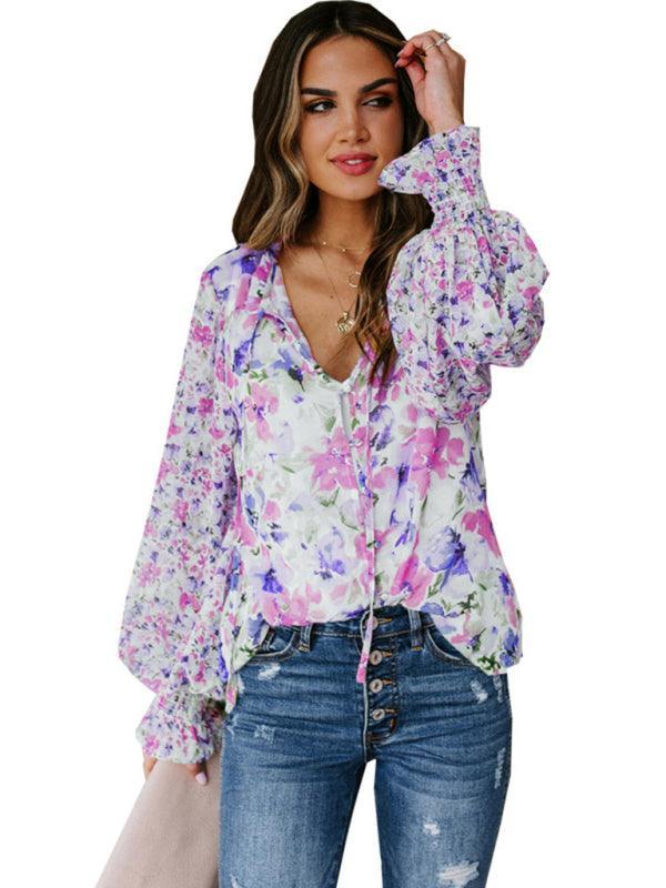 Women's Loose Floral Pattern Fashion Lantern Sleeve Top - 808Lush