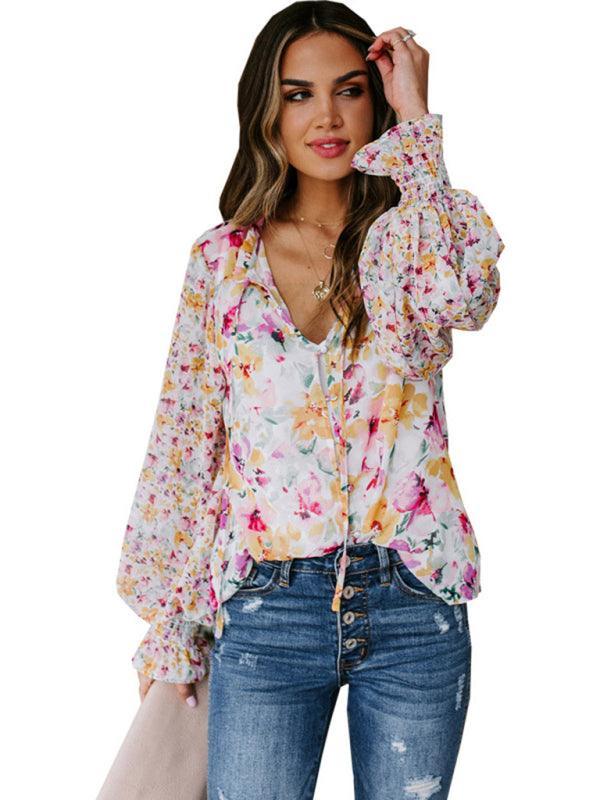 Women's Loose Floral Pattern Fashion Lantern Sleeve Top - 808Lush