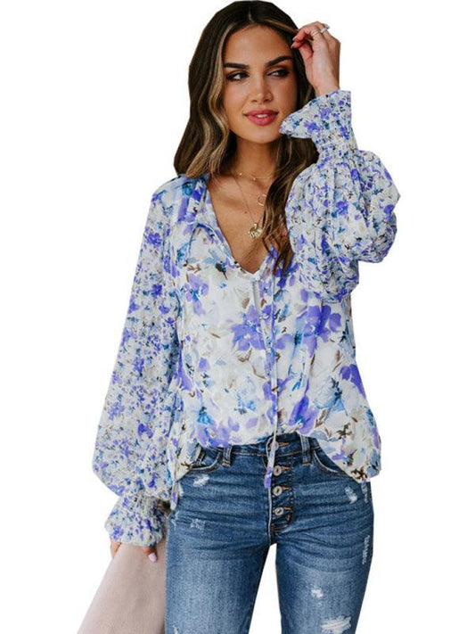 Women's Loose Floral Pattern Fashion Lantern Sleeve Top - 808Lush