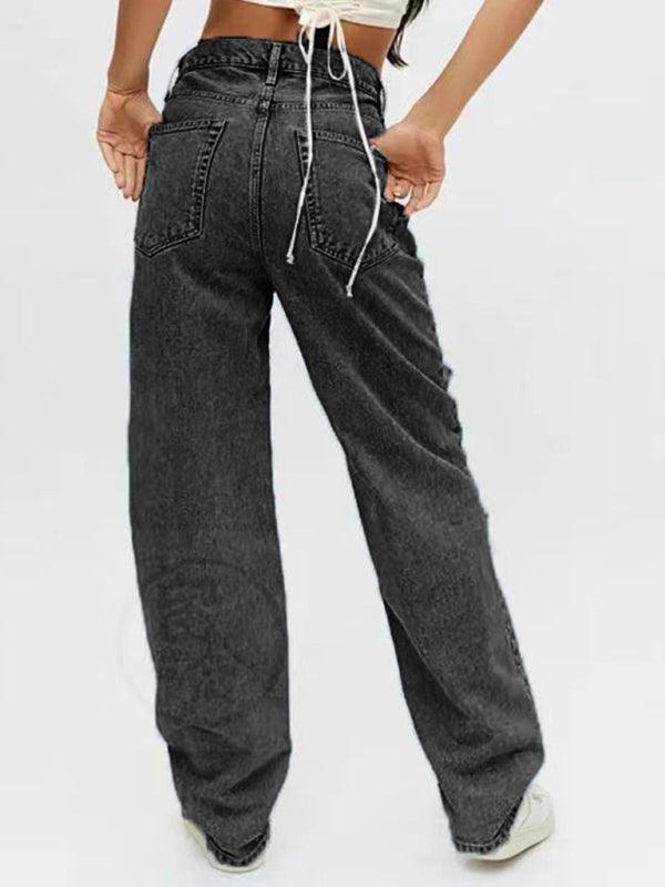 Women's Loose Ripped Straight Denim Trousers - 808Lush