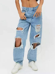 Women's Loose Ripped Straight Denim Trousers - 808Lush