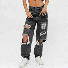 Women's Loose Ripped Straight Denim Trousers - 808Lush