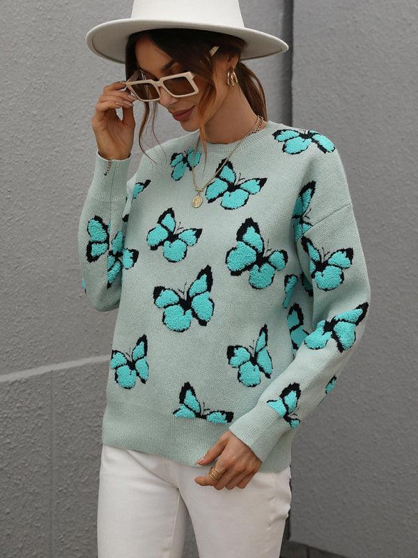 Women's Loose Round Neck Long Sleeve Butterfly Sweater - 808Lush