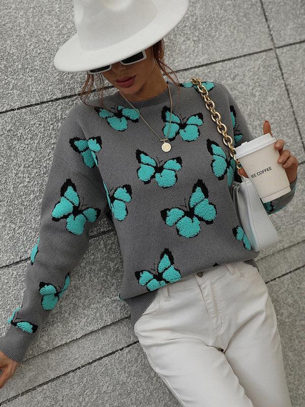 Women's Loose Round Neck Long Sleeve Butterfly Sweater - 808Lush