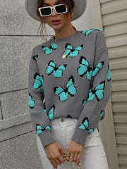 Women's Loose Round Neck Long Sleeve Butterfly Sweater - 808Lush