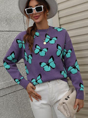 Women's Loose Round Neck Long Sleeve Butterfly Sweater - 808Lush