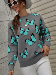 Women's Loose Round Neck Long Sleeve Butterfly Sweater - 808Lush