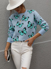 Women's Loose Round Neck Long Sleeve Butterfly Sweater - 808Lush