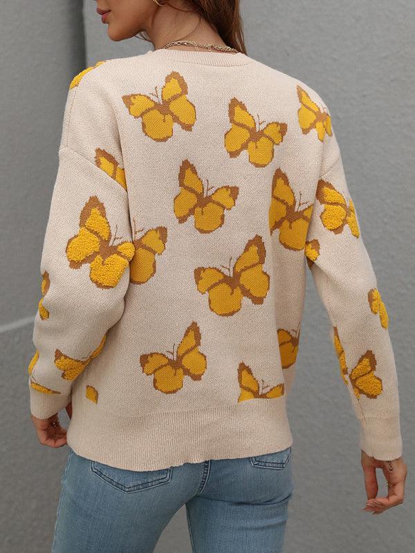 Women's Loose Round Neck Long Sleeve Butterfly Sweater - 808Lush