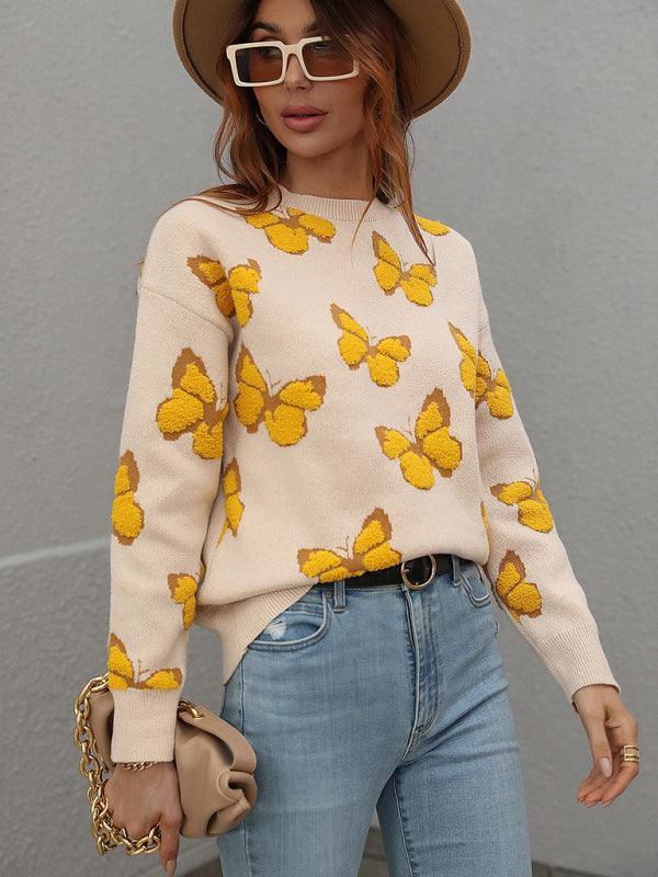 Women's Loose Round Neck Long Sleeve Butterfly Sweater - 808Lush