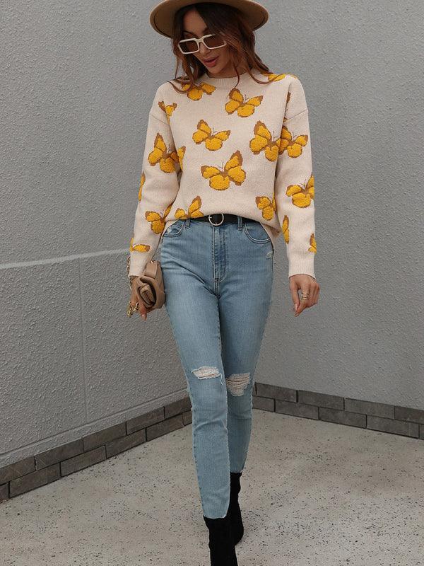 Women's Loose Round Neck Long Sleeve Butterfly Sweater - 808Lush