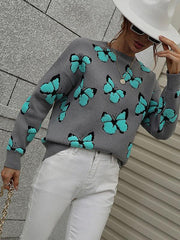 Women's Loose Round Neck Long Sleeve Butterfly Sweater - 808Lush