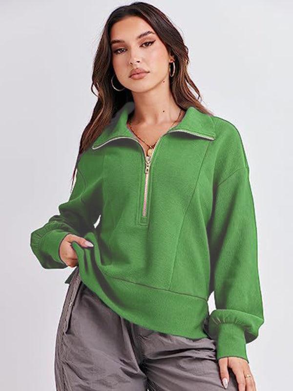 Women's Loose Zipper Neck Long Sleeve Sweatshirt Top - 808Lush