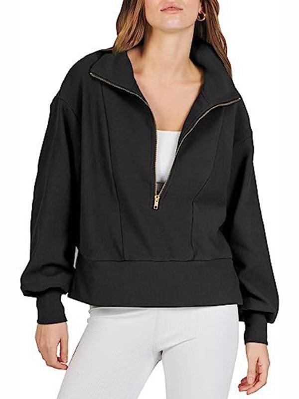 Women's Loose Zipper Neck Long Sleeve Sweatshirt Top - 808Lush