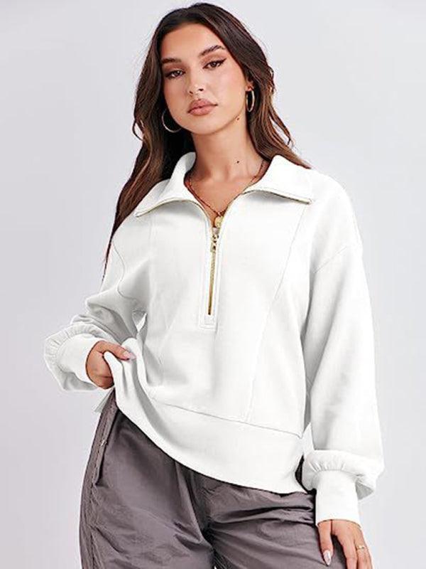 Women's Loose Zipper Neck Long Sleeve Sweatshirt Top - 808Lush