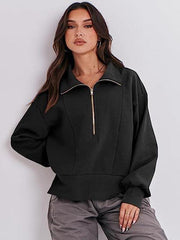 Women's Loose Zipper Neck Long Sleeve Sweatshirt Top - 808Lush