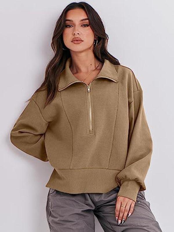 Women's Loose Zipper Neck Long Sleeve Sweatshirt Top - 808Lush