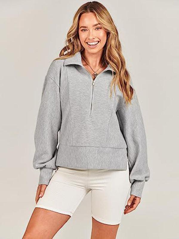 Women's Loose Zipper Neck Long Sleeve Sweatshirt Top - 808Lush