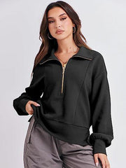 Women's Loose Zipper Neck Long Sleeve Sweatshirt Top - 808Lush