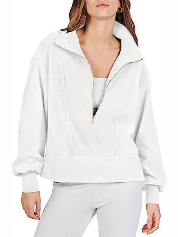 Women's Loose Zipper Neck Long Sleeve Sweatshirt Top - 808Lush