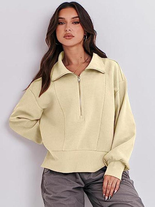 Women's Loose Zipper Neck Long Sleeve Sweatshirt Top - 808Lush