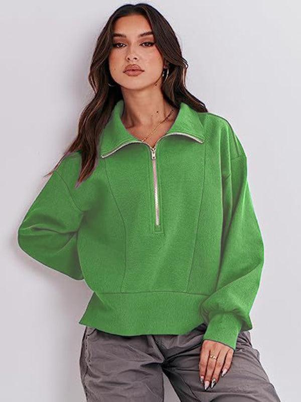 Women's Loose Zipper Neck Long Sleeve Sweatshirt Top - 808Lush