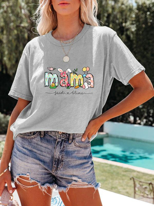 Women's MAMA Letter Round Neck Rabbit Easter Casual Short Sleeve T-Shirt - 808Lush
