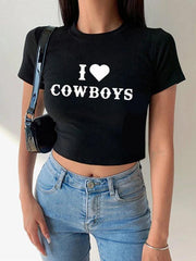 Women's Casual I Love Cowboys Versatile Letter Printed Short Top - 808Lush