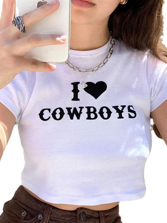 Women's Casual I Love Cowboys Versatile Letter Printed Short Top - 808Lush
