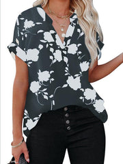 Women's Floral Print Casual V-Neck Short Sleeve Shirt - 808Lush