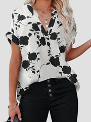 Women's Floral Print Casual V-Neck Short Sleeve Shirt - 808Lush